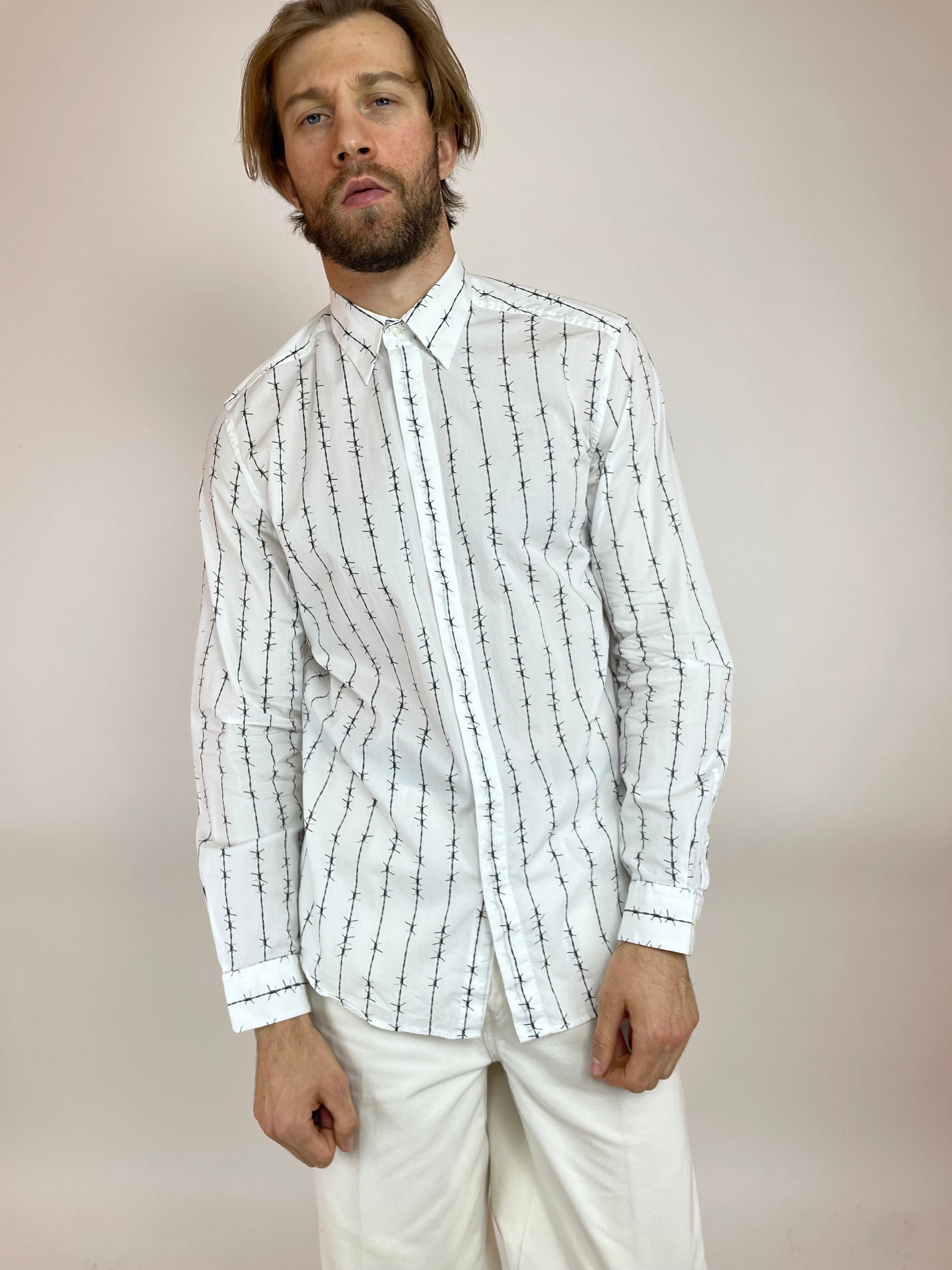 DIESEL White Shirt Long Sleeve Barbed Wire Print Mens Sz. XL