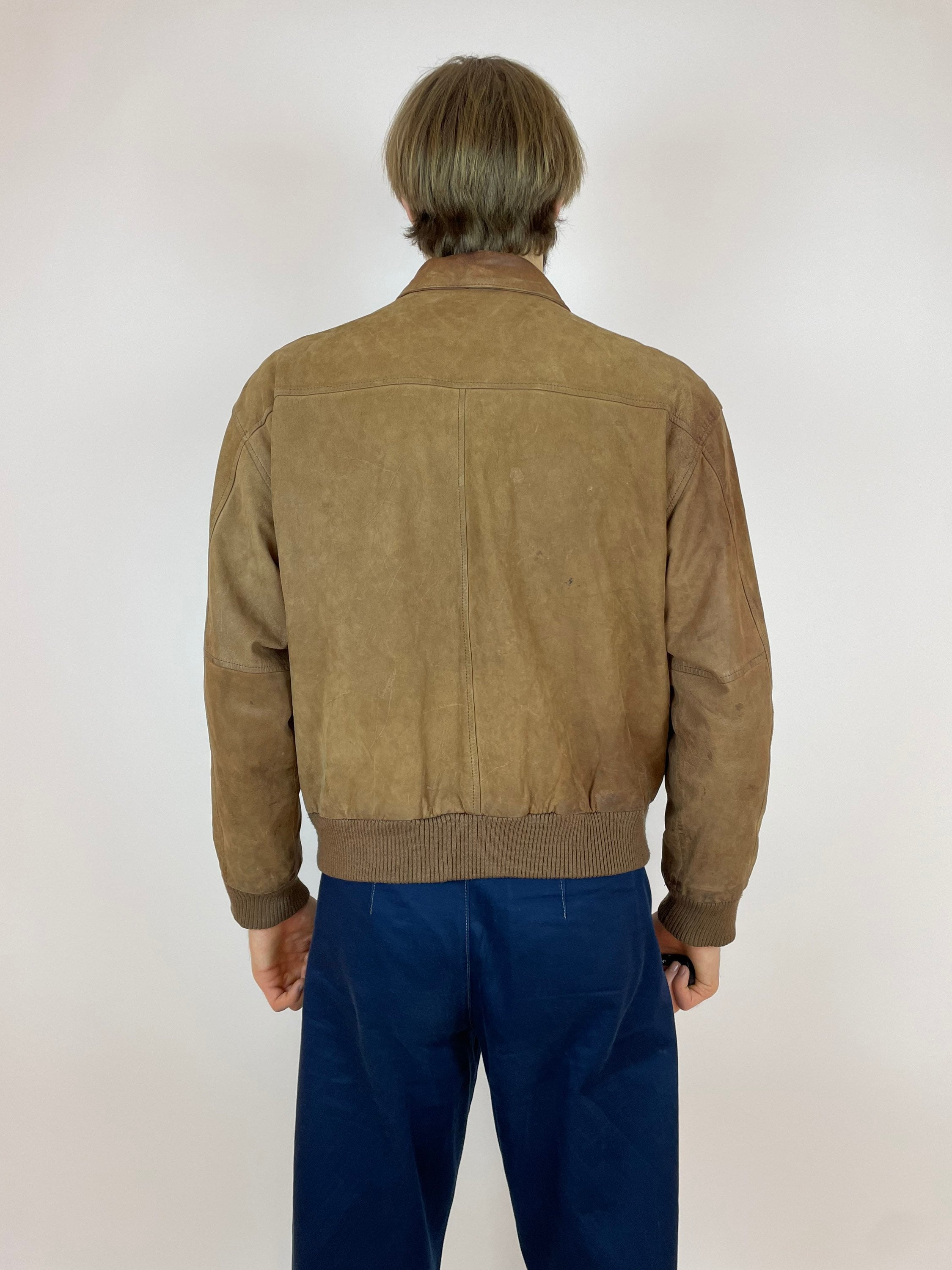 Veste Bomber Vintage En Cuir Marron - Marque Global Identity - Taille M - Occasion Très Bon état