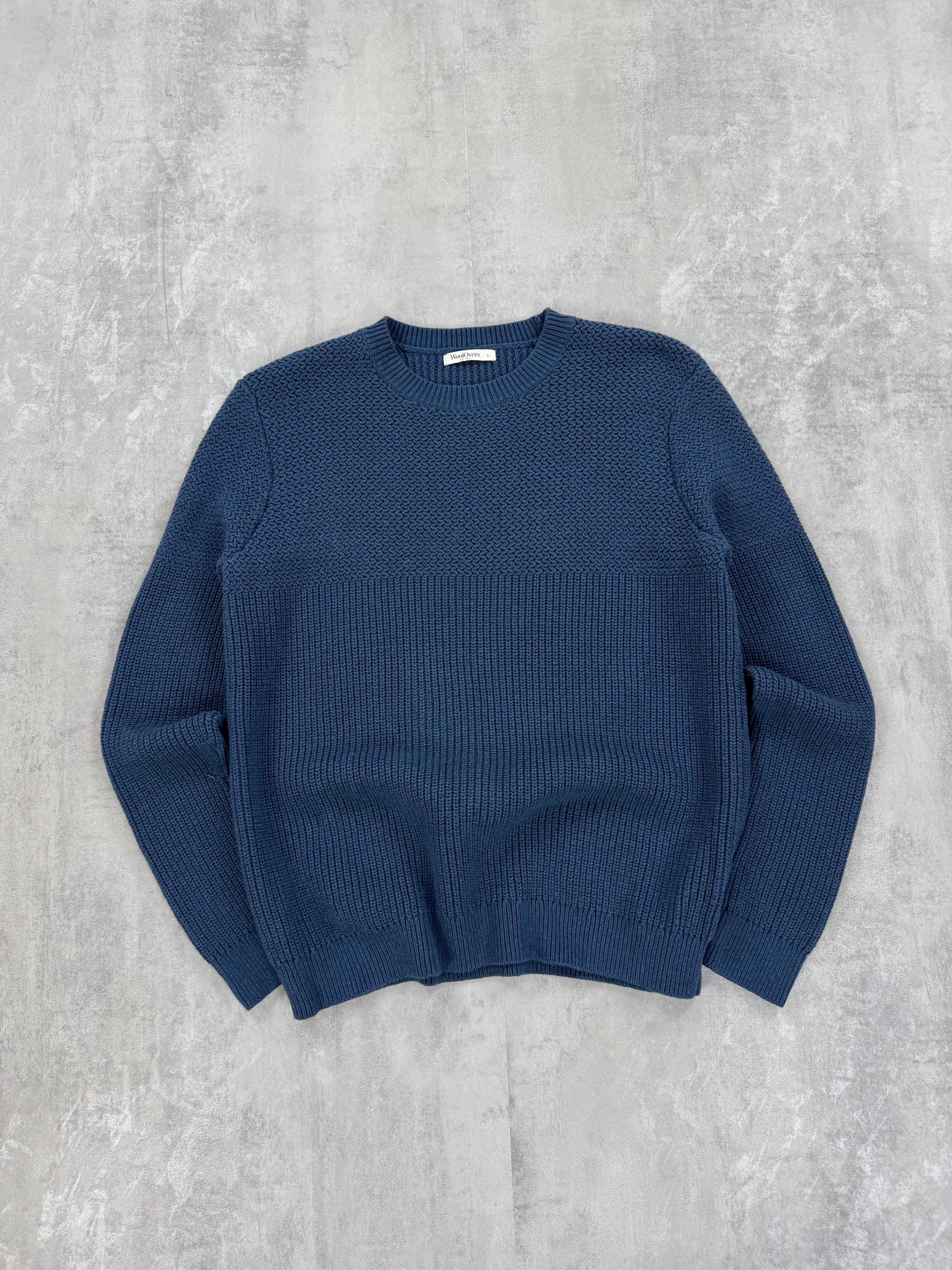 WoolOvers Wolle/Baumwolle blau Pullover Zopfmuster Preppy-Stil