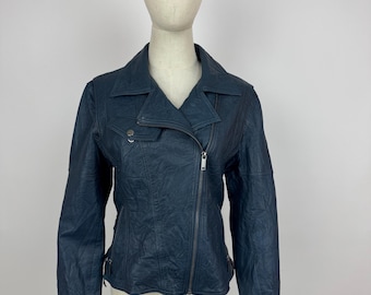 Joe Browns leather Jacket Womens blue biker jacket size F40 UK12 D38