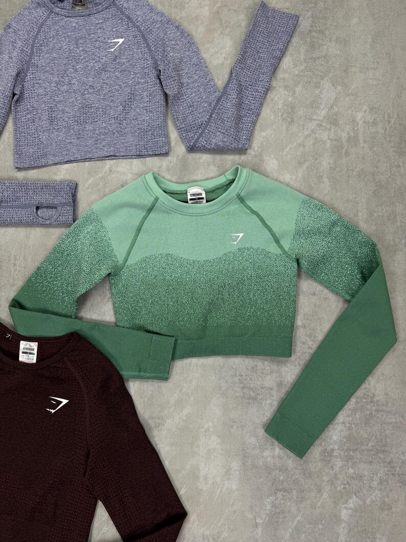May include: Assortment of athletic wear in various colors. Includes a cropped green long-sleeve top, a gray long-sleeve top, and a maroon long-sleeve top. Each top features a white logo on the chest. A gray headband is also present.