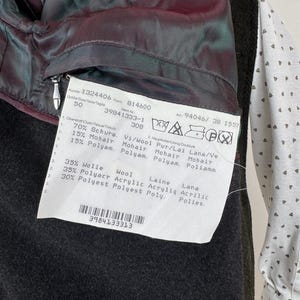 May include: Close-up of a dark green wool coat's interior, revealing a burgundy lining and a label with product information. The label includes details about the fabric composition, such as wool, mohair, and polyester.