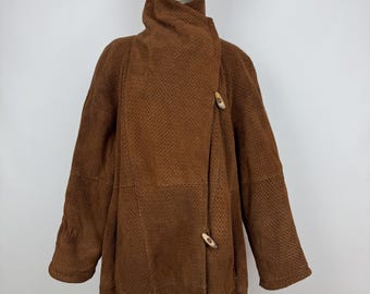 Vintage perforated Leather duffle coat sheepskin high neck peacoat preppy style brown coffe time winter overcoat Women’s size F38 GB10 IT42