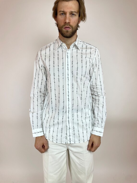 DIESEL　シャツ DIESEL White Shirt Long Sleeve Barbed Wire Print Mens Sz. XL