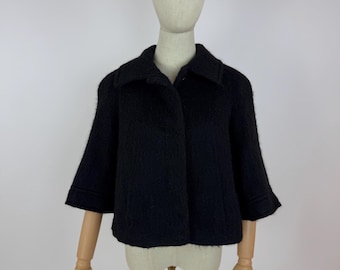 Giacca da sera corta LK BENNETT Mantella in misto lana nera, mohair e alpaca UK8 vecchio stile Ivy League