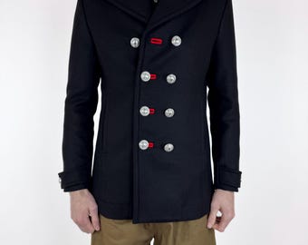 Rabanne H&M Mens Wool Coat Double-breasted Short Black Peacoat Old Money Size 50