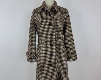 Vintage Ralph Creation Tweed Coat Belted Wool Trench pied-de-poule Frey & Bastian damski rozmiar 14 w stylu preppy