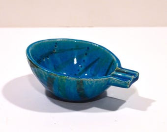 Small Vintage Italian Style "Fish" Pottery Bowl, Catchall inspired by Bitossi, Rimini Blue