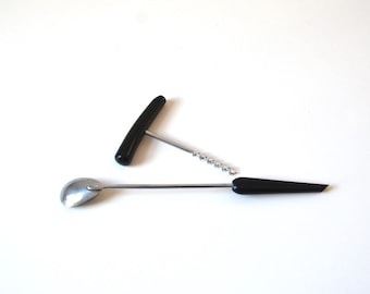 Vintage Mid-Century Chrome and Bakelite Cocktail Spoon and Corkscrew Bar set
