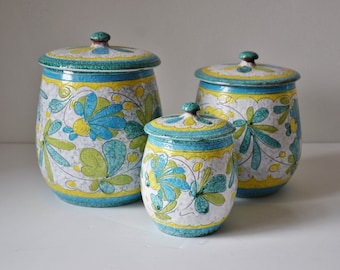 Vintage Italian Pottery Canister Set, Jars with Lids in Blue and Lemon Yellow Floral, Made in Italy