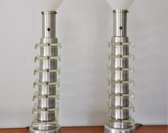 Art Deco Machine Age Table Lamps in Spun Aluminum and Glass - Mogul Bulb Socket