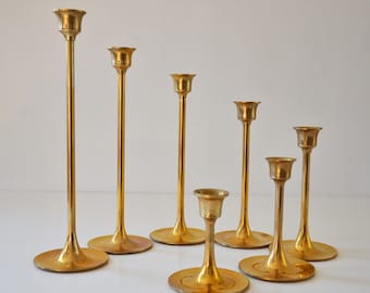 Vintage Mid Century Tulip Base Graduated Brass Candlestick Holders - Set of 7