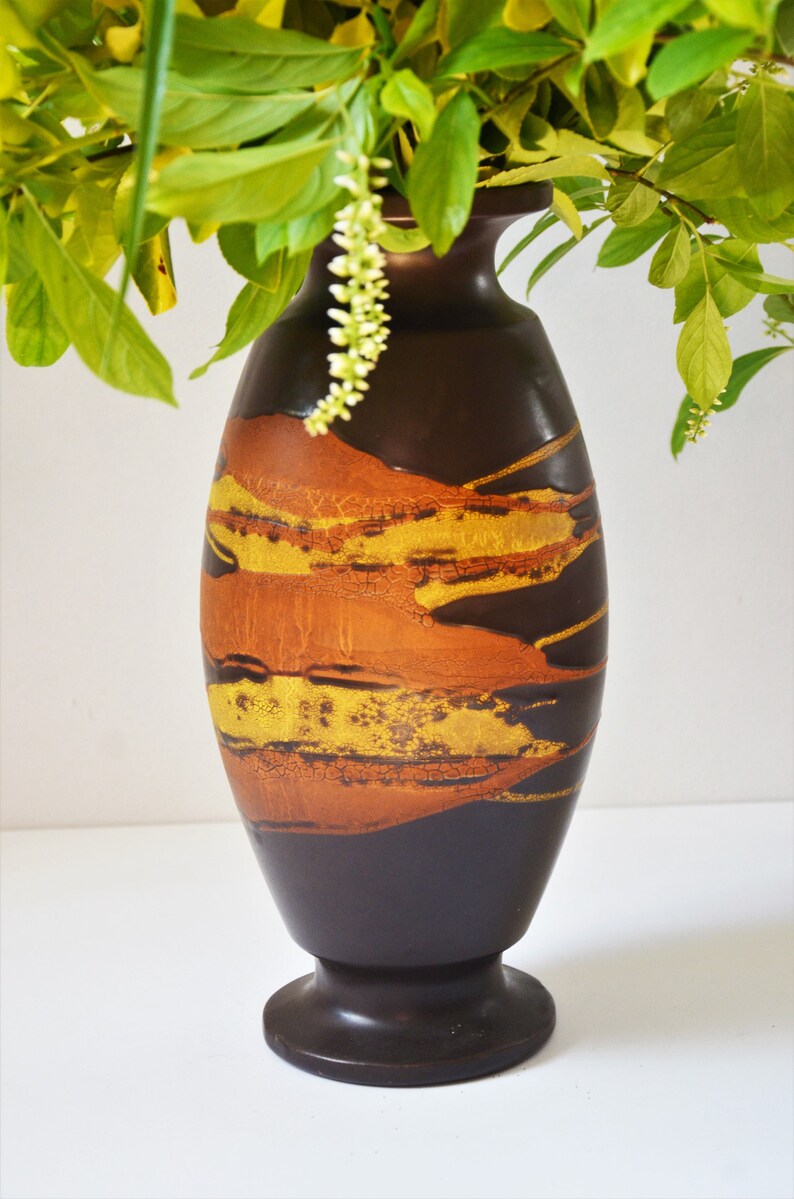 Mid-Century Royal Haeger Drip Glaze Earth Wrap 13.5 Vase in Brown with Yellow and Orange image 4