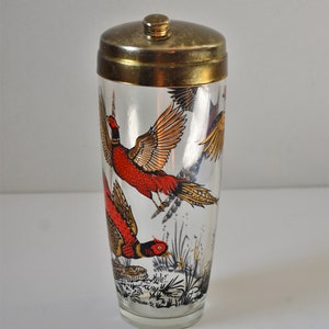 Vintage Glass Cocktail Shaker with Pheasant Graphics, Retro Barware image 2