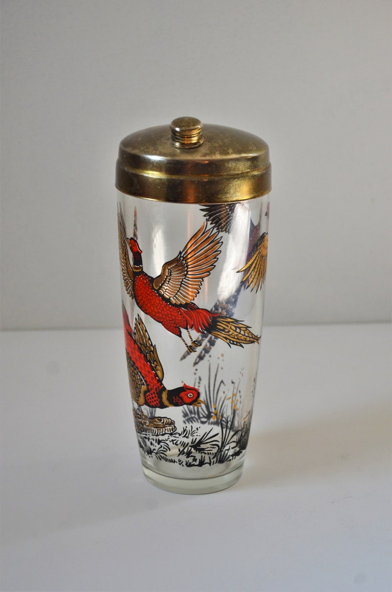 Vintage Glass Cocktail Shaker with Pheasant Graphics, Retro Barware image 2