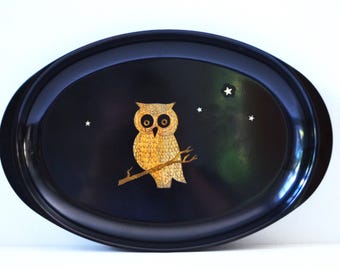 Vintage Mid-Century Couroc of Monterey Owl Design Serving Tray, circa 1950s-60s