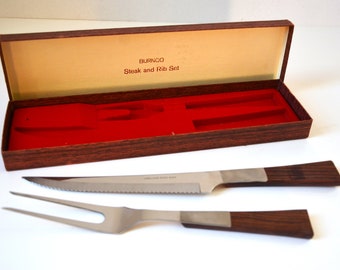 New Vintage Danish Modern Carving set by Burnco with Knife & Fork, Japan