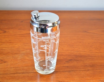 Vintage  Clear Glass Cocktail Shaker with Classic Drink Recipe Graphics in White, Retro Barware