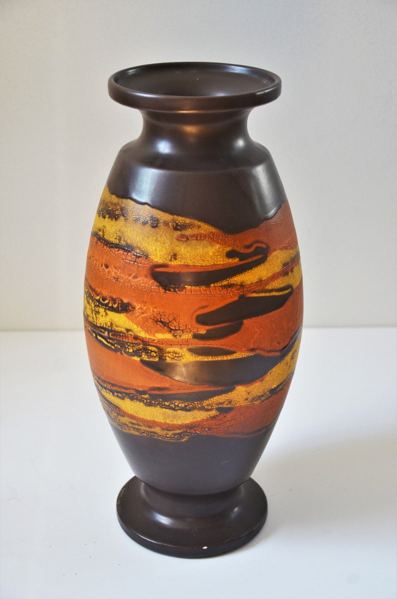 Mid-Century Royal Haeger Drip Glaze Earth Wrap 13.5 Vase in Brown with Yellow and Orange image 2
