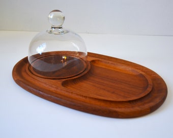 Vintage Mid-Century Danish Modern Teak Cheese Serving Board with Glass Dome by Dansk