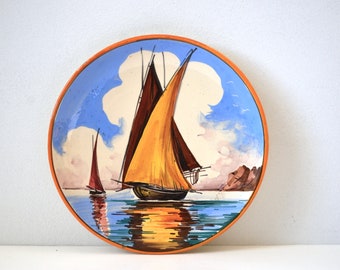 Vintage Italian Pottery Wall Plate with Hand Painted Sailboat, Made in Italy, 10"