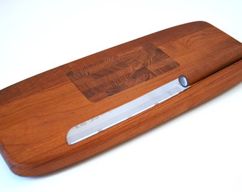 New Vintage 16" Teak End Grain Bread Cutting Board with Knife by Lauffer, Germany