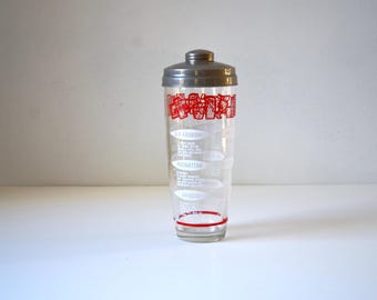 Vintage Glass Cocktail Shaker with Red and White Classic Drink Recipes, Retro Barware