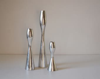 Nambe Studio Modernist Candlesticks Designed by Karim Rashid - graduated set of 3