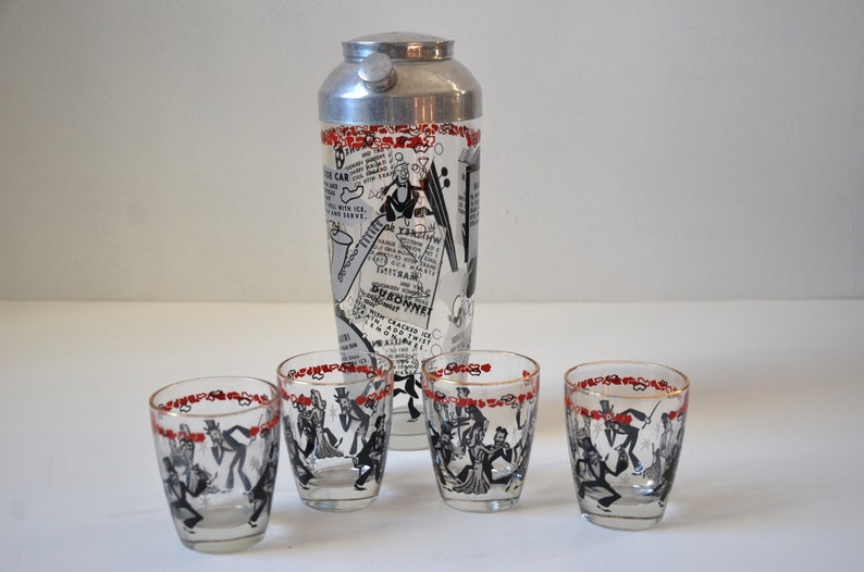 Vintage Art Deco Glass Cocktail Shaker & Matching Glasses with Roaring 20's Theme image 8