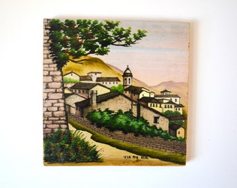 Vintage Hand Painted Ceramic Tile of the Italian Villages of  Asisi,  8"