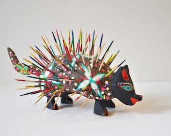 Hand Painted Alebrije Porcupine Folk Art Wood Carving by Andres Ramirez of Oaxaca, Mexico