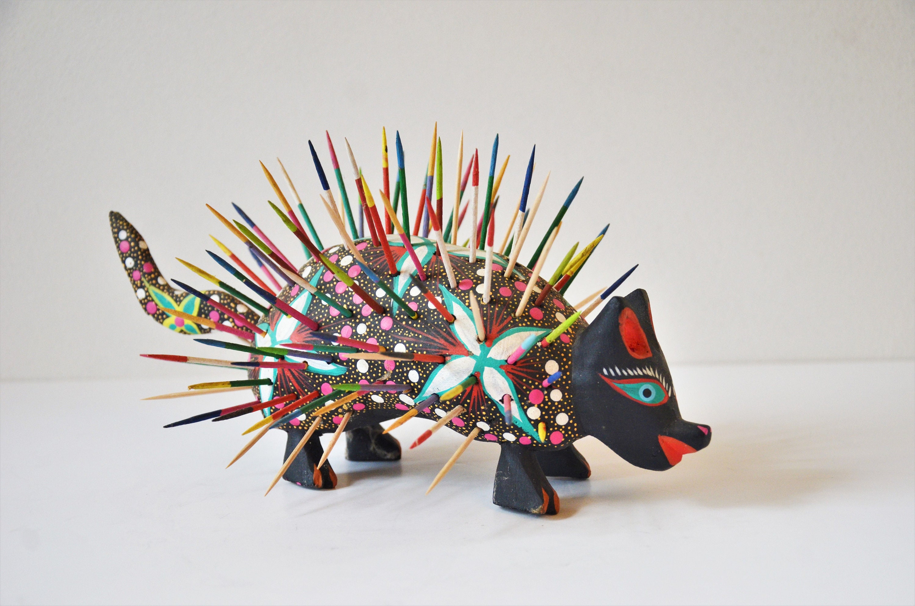 Hand Painted Alebrije Porcupine Folk Art Wood Carving by Andres Ramirez of Oaxaca, Mexico