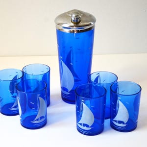 Vintage Blue Glass Cocktail Shaker with Sailboat Graphics + 6 Rocks Glasses by Hazel Atlas