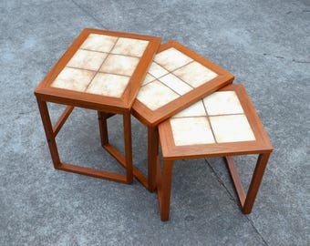 Vintage Danish Modern Teak Nesting Tables with Tile Top by Brdr. Furbo - Set of 3