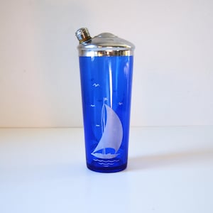 Vintage Blue Glass Cocktail Shaker with Sailboat Graphics by Hazel Atlas