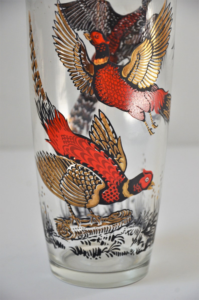 Vintage Glass Cocktail Shaker with Pheasant Graphics, Retro Barware image 4