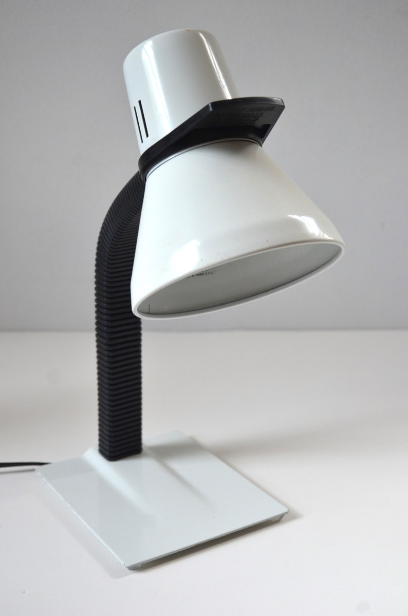 Vintage White & Black Post Modern Gooseneck Desk Task Lamp with Flat Metal Base, circa 1980s image 3