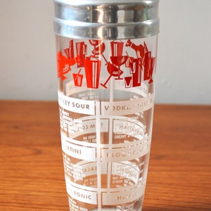 Vintage Glass Cocktail Shaker with Red Classic Drink Recipe Graphics, Retro Barware image 3