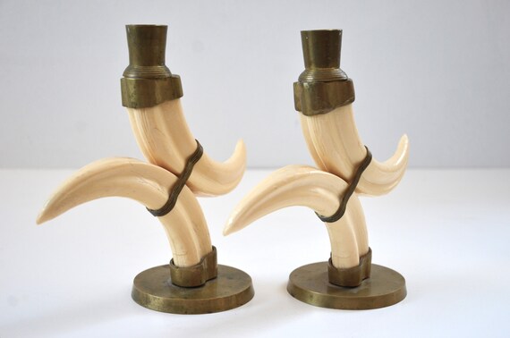 【b-18お値打ち処分】Wild boar's tusk /タンブル ターコイズ Vintage Faux Wild Boar Tusk Candle Holder Set, Made in India