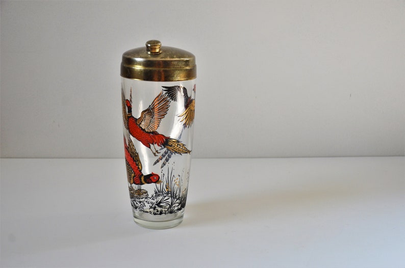 Vintage Glass Cocktail Shaker with Pheasant Graphics, Retro Barware image 1