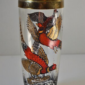 Vintage Glass Cocktail Shaker with Pheasant Graphics, Retro Barware image 3