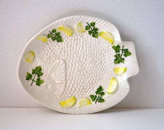 Vintage Italian Fish Plate with Lemon & Parsley Design by Bassano, Made In Italy