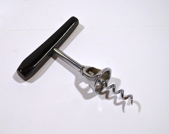 Vintage Wooden and Black Handle Corkscrew Wine Opener, Italian Design