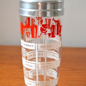 Vintage Glass Cocktail Shaker with Red Classic Drink Recipe Graphics, Retro Barware image 2