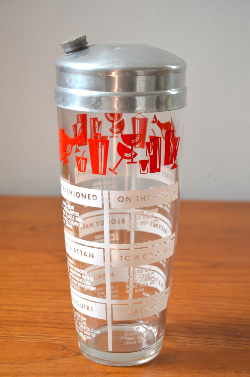 Vintage Glass Cocktail Shaker with Red Classic Drink Recipe Graphics, Retro Barware image 2