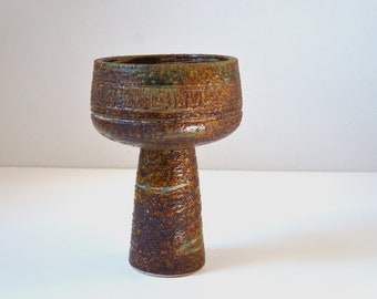 Mid-Century Brutalist Art Pottery Footed Bowl with Textured Glaze, Made in Japan