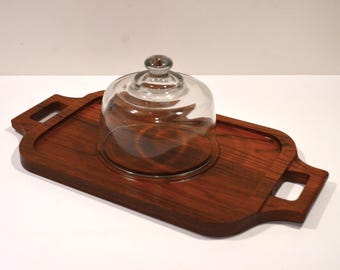 Danish Modern Carved Teak Cheese Board with Handles and Glass Dome by Goodwood