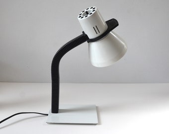 Vintage White & Black Post Modern Gooseneck Desk Task Lamp with Flat Metal Base, circa 1980s