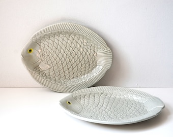 Vintage Gray 10" Ceramic Fish Plates, Made in Japan, Costal Decor - Pair