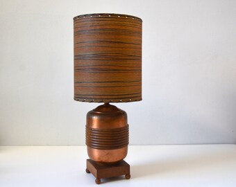 Early Modern Copper and Wood Small Table Lamp with Matching Laced Shade